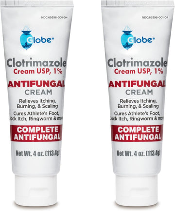 Globe (2 Pack) Clotrimazole Antifungal Cream 1% (4 Oz Tube) Relieves The Itching, Burning, Cracking And Scaling Associated With Fungal Infections, Compare To The Name Brand Active Ingredient