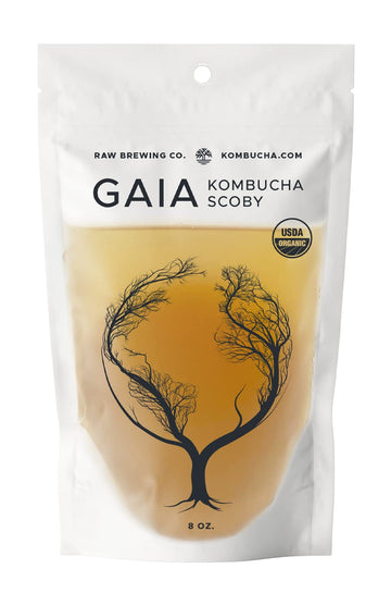 Kombucha.Com Certified Organic Kombucha Scoby (Gaia) + Super Strong Starter Liquid. 8 Oz. Makes 1/2 Or 1 Gallon. Includes Free Kombucha.Com Organic Mixed Tea Blend Sample