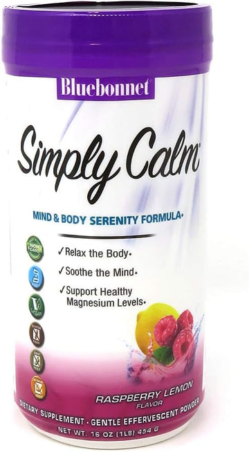 Bluebonnet Nutrition Simply Calm Powder, For Calm*, Muscle Cramps*, Stress Relief*, Soy-Free, Gluten-Free, Non-Gmo, Kosher Certified, Dairy-Free, Vegan, 16 Oz, 82 Servings, Raspberry Lemon Flavor