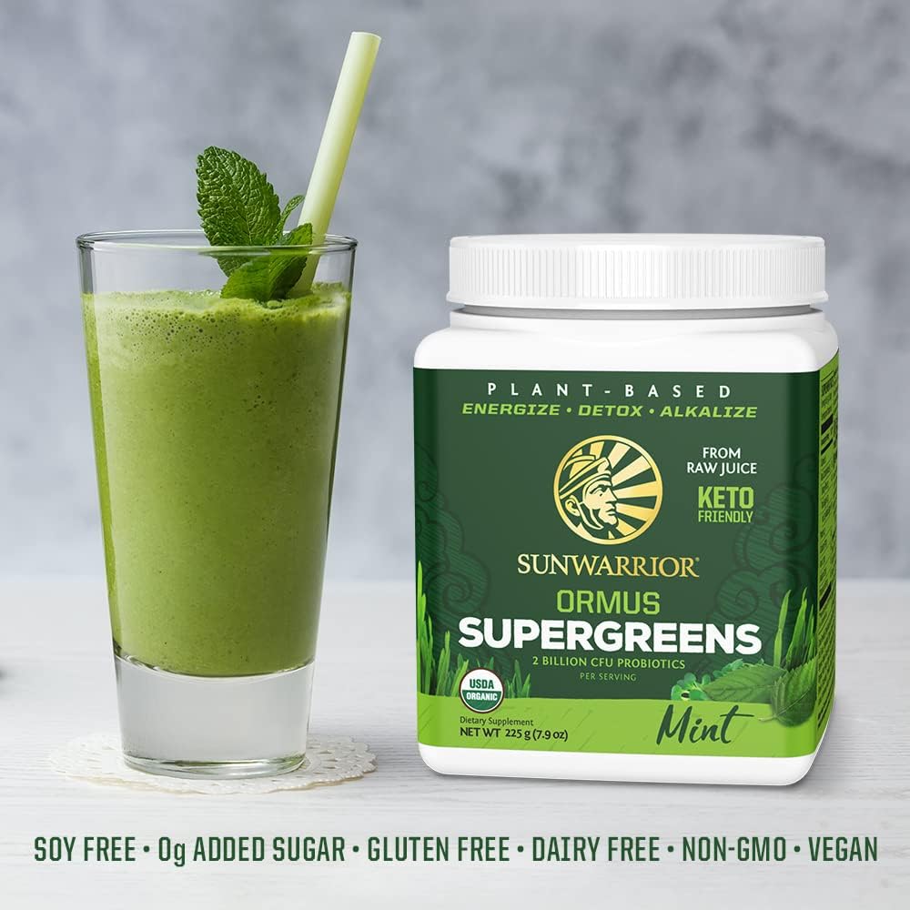 Sunwarrior Vegan Organic Greens Probiotic Powder | 2 Billion CFU Probiotics Organic Raw Juice Soy Free Gluten Free Dairy Free Sugar Free Kosher | Mint 45 Servings | Ormus Supergreens : Health & Household