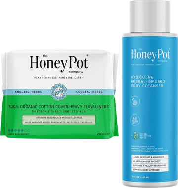 The Honey Pot Company - Heavy Liners & Coconut Shea Body Cleanser Bundle - Pads Infused W/Essential Oils - Body Wash To Moisturize & Cleanse Skin - Sanitary Pads - Feminine Care - Fsa & Hsa Eligible