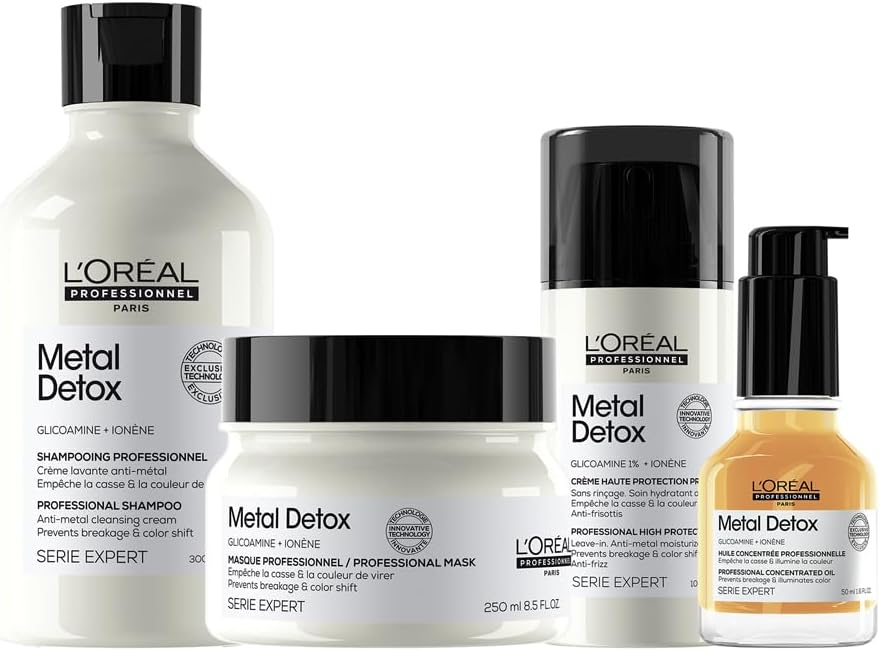 L’Oréal Professionnel Complete Routine For Damaged Hair, Serie Expert Metal Detox Shampoo, Mask, Oil With Leave-In Cream, 300 Ml, 250 Ml, 50 Ml, 100Ml Bundle Set