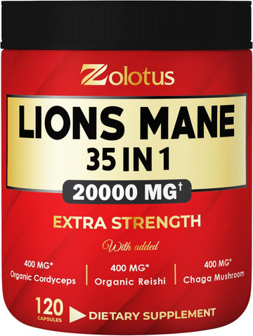 35 In 1 Lions Mane Mushroom Capsules, Equivalent To 20000Mg, With Cordeyceps, Reishi, Elderberry, Panax Ginseng, Focus, Memory & Brain Support Supplement, Immune Support, Energy Pills (120 Capsules)