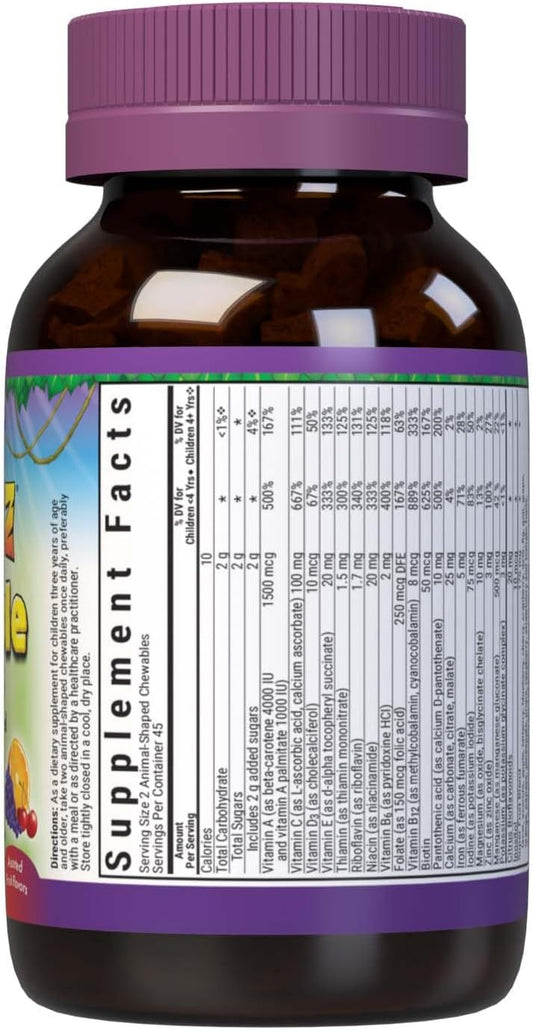 Bluebonnet Nutrition Rainforest Animalz Whole Food Based Multiple Chewable Tablets, Kids Multivitamin & Mineral, Vitamin C, D3, Iron, Gluten Free, Milk Free, Kosher, 90 Chewable Tablets, Mixed Flavors