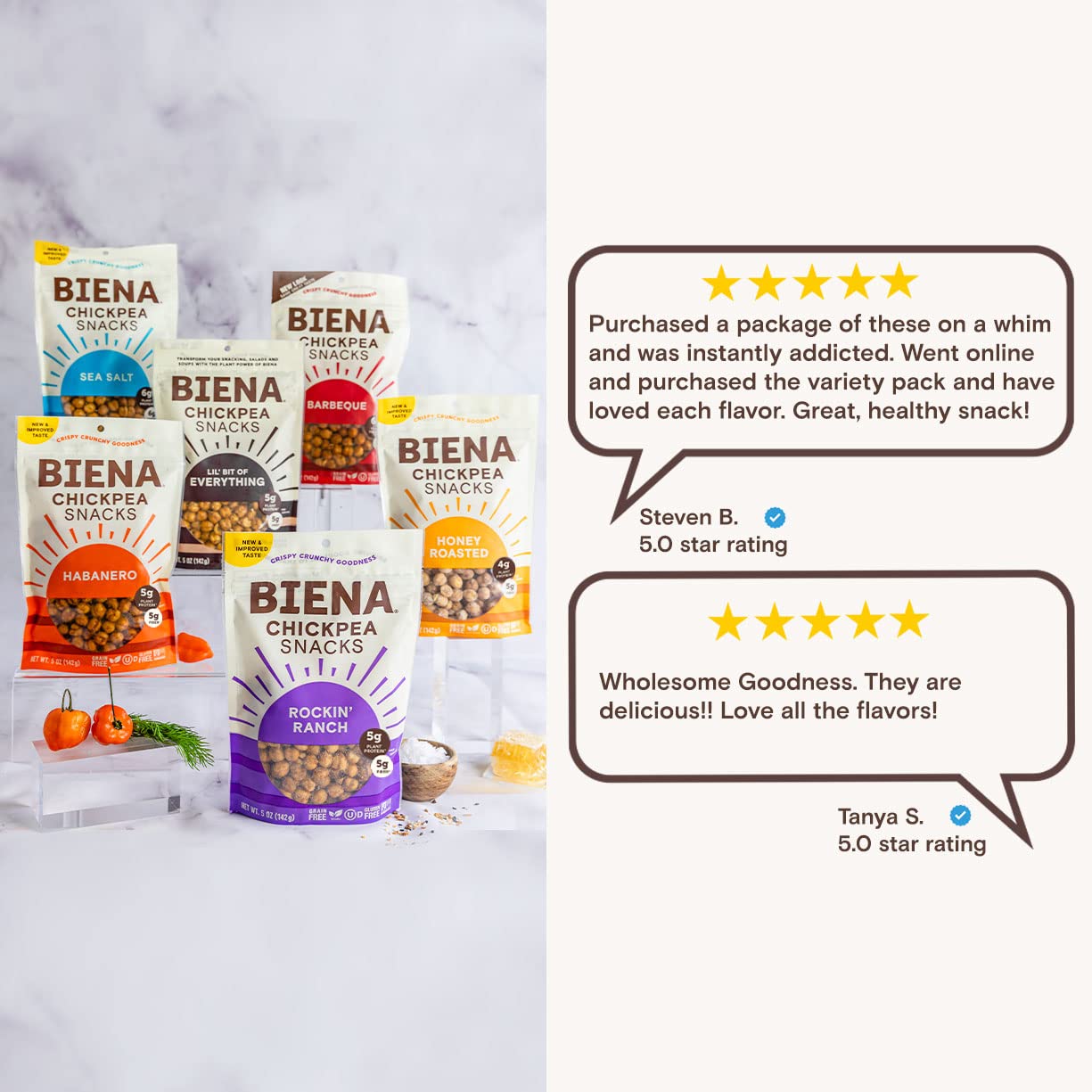 BIENA Roasted Chickpea Snacks – Variety Pack of 6, 5 Ounce Bags – Crispy Barbecue, Habanero, Honey Roasted, Sea Salt, Ranch & Everything Bagel Chickpeas –Delicious, Healthy Snacks for Adults and Kids