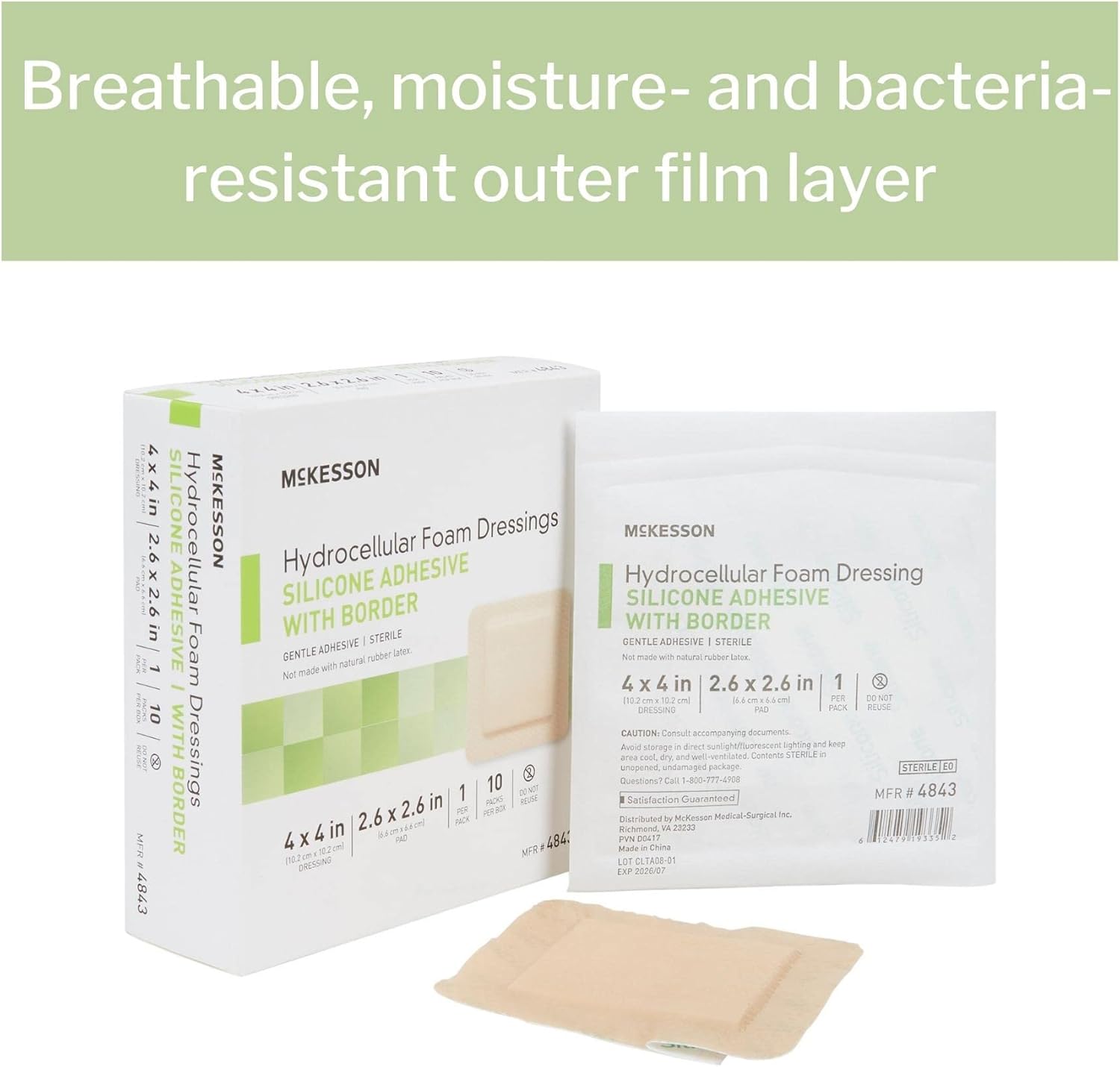 McKesson Hydrocellular Foam Dressings, Sterile, Silicone Adhesive with Border, Dimension 4 in x 4 in, Pad 3 in x 3 in, 10 Count, 1 Pack : Health & Household