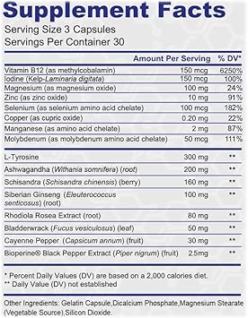 Thyroid Support - Ltyrosine, Iodine, Vitamin B12 Complex, Zinc, Selenium, Ashwagandha, Copper & More 30 Day Supply