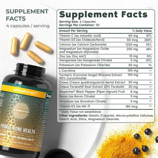 Primal Harvest Primal Bone Health Calcium Carbonate Bone Health Complex For Men & Women With Calcium, Magnesium, Zinc, Manganese, Potassium, & L-Carnitine (120 Capsules)