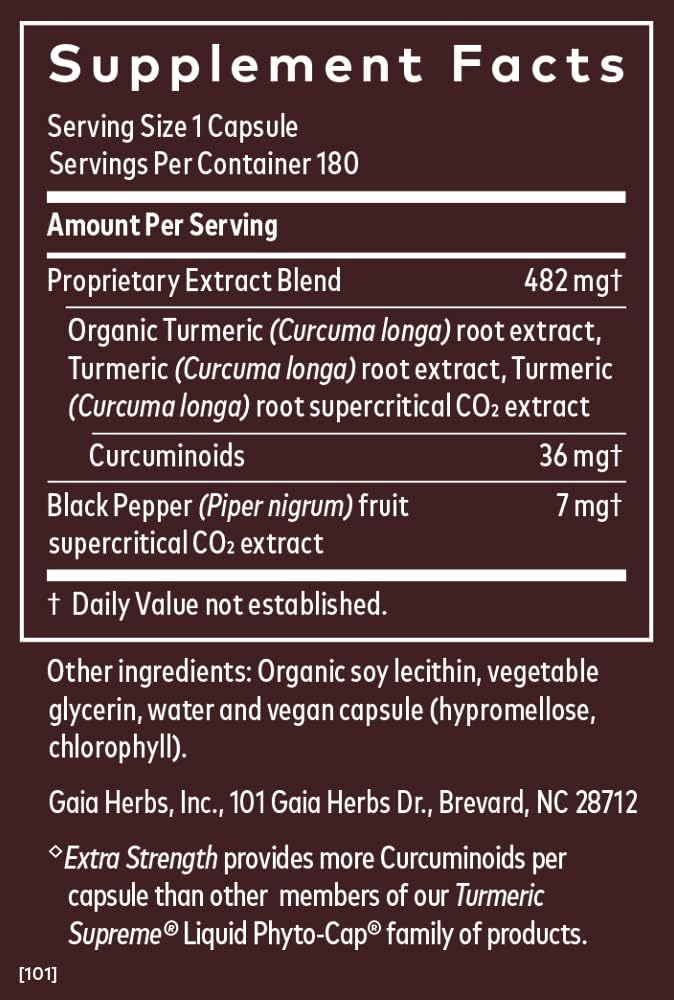 Gaia Herbs Turmeric Supreme Extra Strength - Helps Reduce Occasional Discomfort from Normal Wear & Tear - With Turmeric Curcumin & Black Pepper - 180 Vegan Liq Phyto-Capsules (Up to 180-Day Supply)