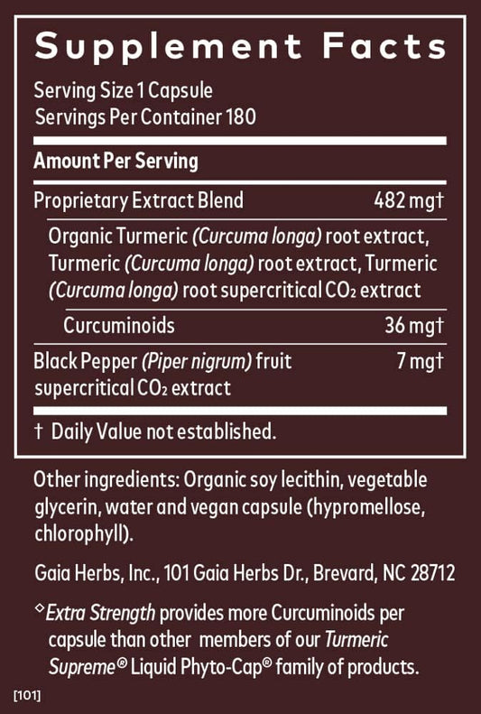 Gaia Herbs Turmeric Supreme Extra Strength - Helps Reduce Occasional Discomfort from Normal Wear & Tear - With Turmeric Curcumin & Black Pepper - 180 Vegan Liq Phyto-Capsules (Up to 180-Day Supply)
