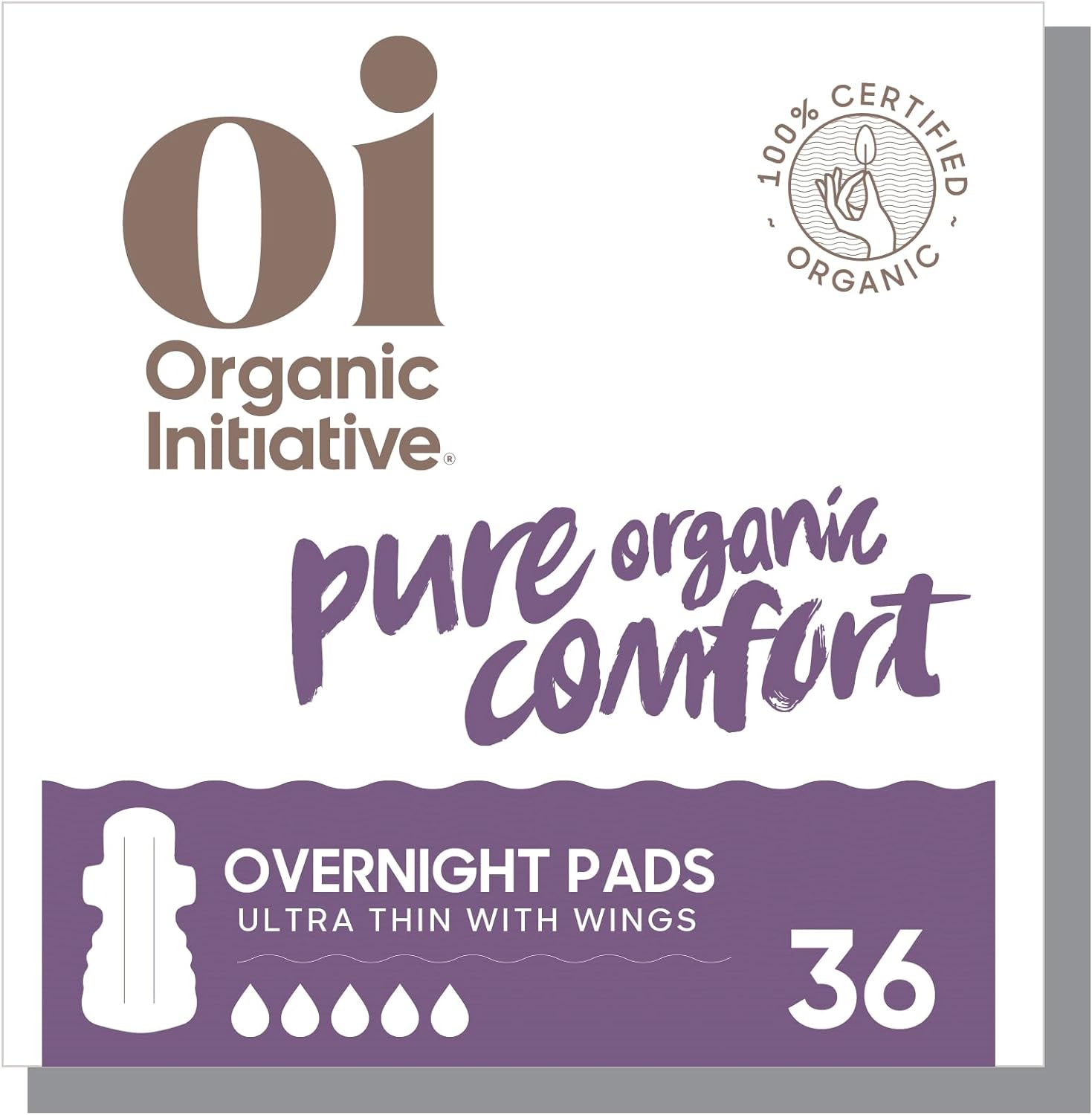 Oi | Organic Initiative - Ultra-Thin Pads with Wings | 100% Certified Organic Cotton, Unscented | Leak Free, Biodegradable | Non-GMO, Toxin Free (Overnight, 36, Count)