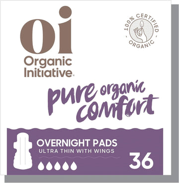 Oi | Organic Initiative - Ultra-Thin Pads with Wings | 100% Certified Organic Cotton, Unscented | Leak Free, Biodegradable | Non-GMO, Toxin Free (Overnight, 36, Count)