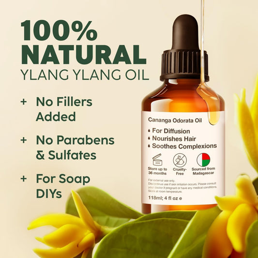 Kukka Ylang-Ylang Essential Oil For Diffuser - 100% Natural Ylang Ylang Essential Oil For Skin - Ylang Ylang Oil For Hair & Aromatherapy - Soap Making Scent & Diy (4 Fl Oz)