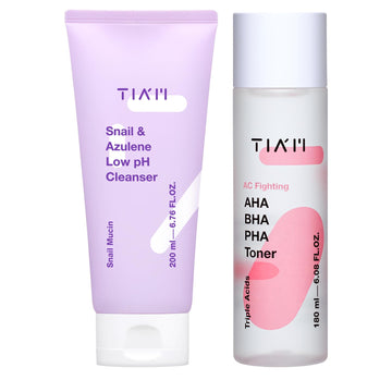 Tiam Calm & Clear Duo: Snail & Azulene Low Ph Cleanser With Ac Fighting Aha Bha Pha Toner, Gentle Cleansing And Exfoliating, Korean Skincare Set