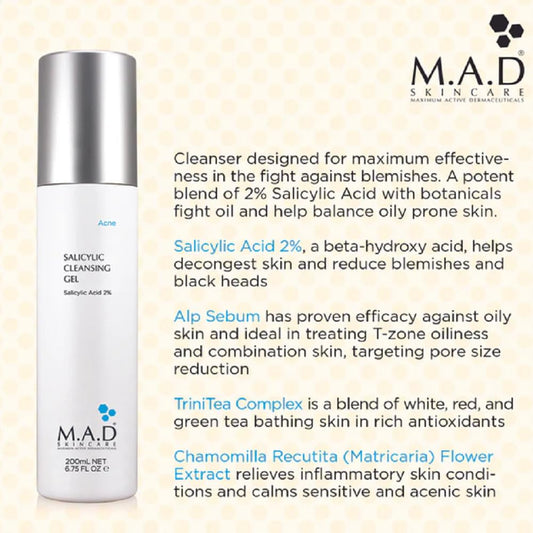 M.A.D Skincare Salicylic Cleansing Gel - Acne Facial Wash 6.75 Oz