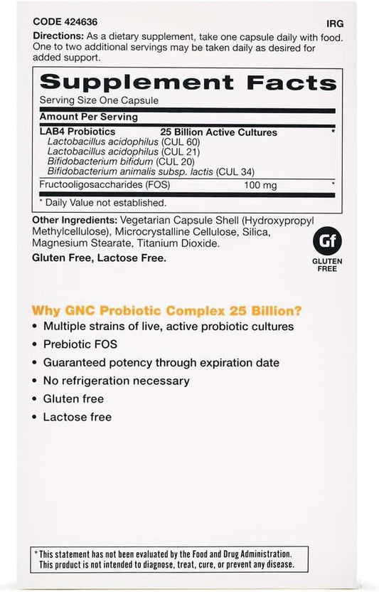 Gnc Probiotic Complex With- 25 Billion Cfus, 60 Capsules, Daily Probiotic Support