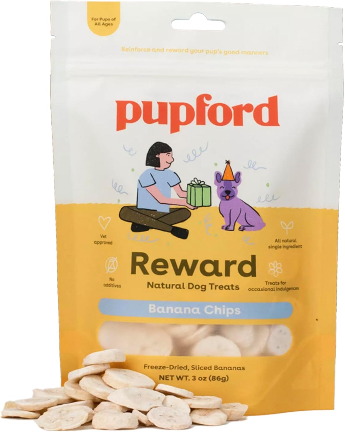 Pupford Freeze Dried Banana Chip Puppy & Dog Treats, Natural, Healthy, Low-Calorie Reward For Small, Medium, And Large Breed Dogs (3 Oz)