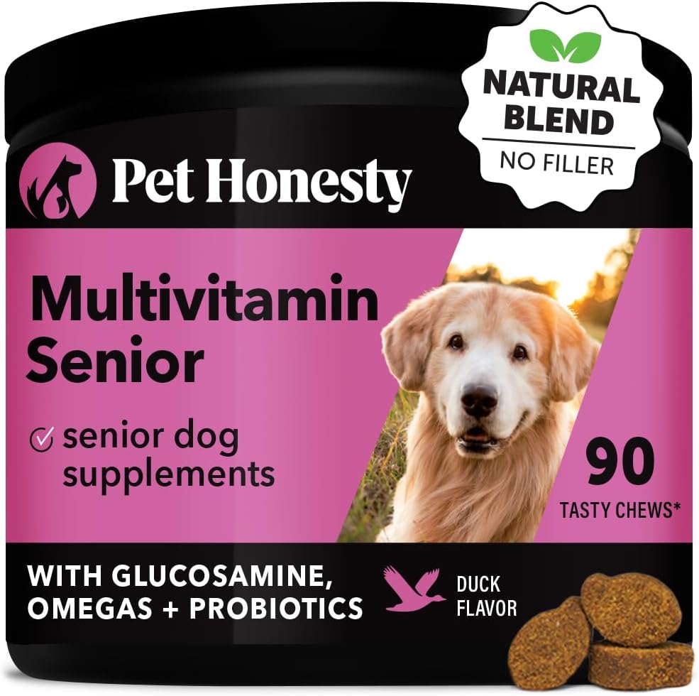 Pet Honesty Senior Dog Multivitamin - Essential Dog Vitamins And Supplements - Glucosamine, Probiotics, Omega Fish Oil For Dogs Health & Heart- Dogs Vitamins Health Supplies (Duck 90 Ct)