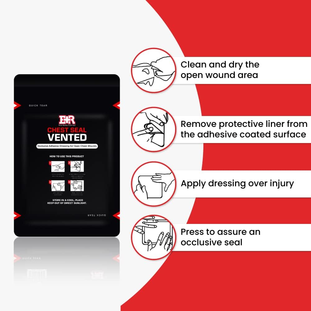 Ever Ready First Aid Vented Chest Seal with Quick Tear - 6.6” Square Occlusive Adhesive Dressing for Open Chest Wounds : Health & Household