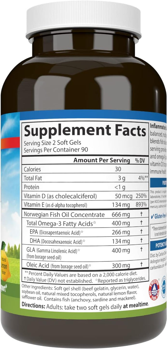 Carlson - Inflammation Balance, Balanced Omega-3 & Omega-6 Ratio, With D3, Norwegian, Wild-Caught Fish Oil Supplement With Fatty Acids, Sustainably Sourced Fish Oil Capsules, 180 Softgels