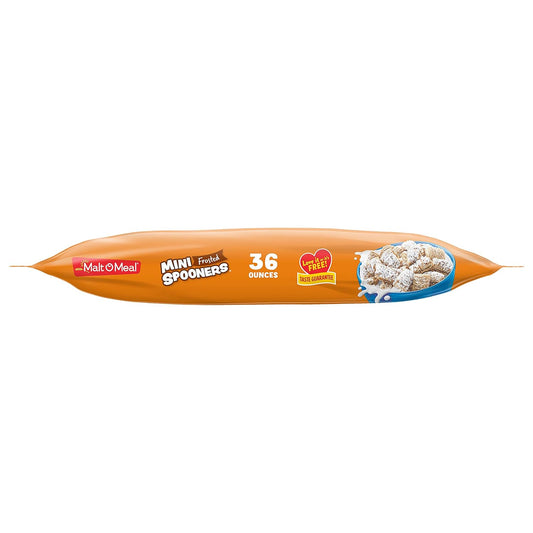 Malt-O-Meal Frosted Mini Spooners Whole Grain Breakfast Cereal, Crunchy Frosted Shredded Wheat Cereal, Large Cereal for Family, 36 OZ Resealable Cereal Bag