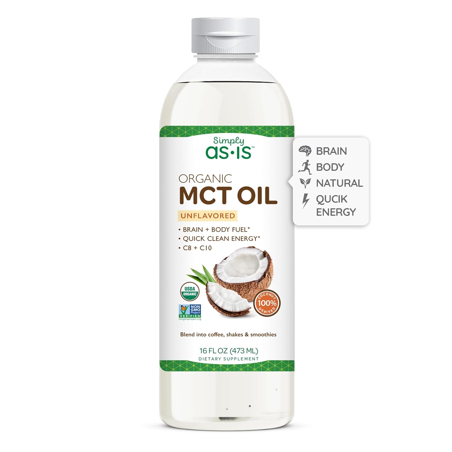 Simply As-Is | Organic Mct Oil C8 & C10 | Unflavored | 100% From Non-Gmo Coconuts | Perfect For Morning Coffee | Quick Clean Energy | 16 Fl Oz