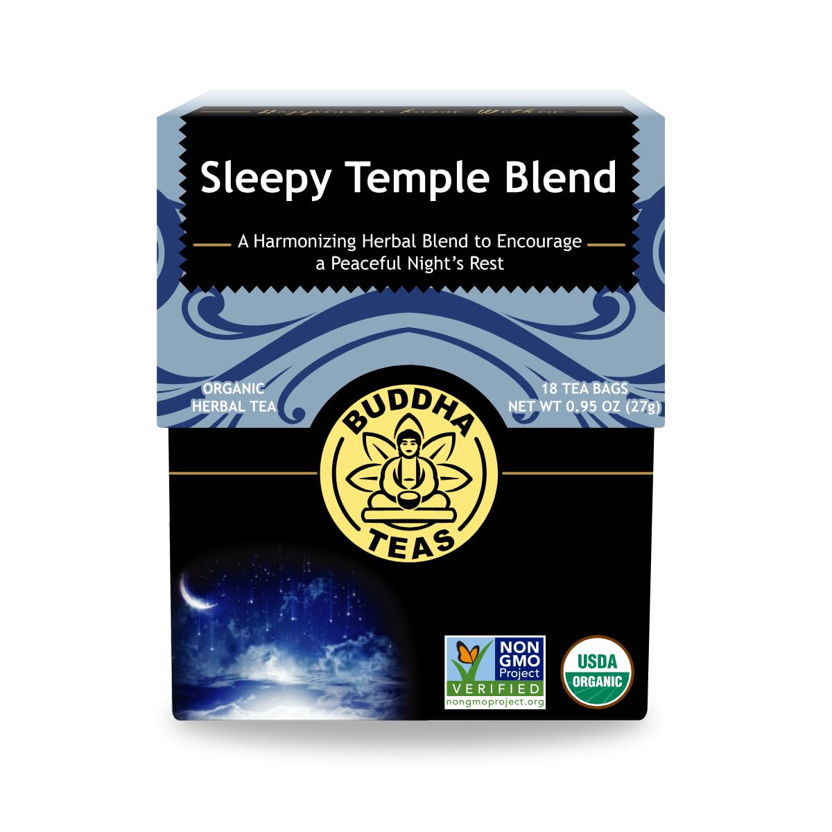 Buddha Teas - Sleepy Temple Blend - Organic Herbal Tea - For Health & Wellbeing - Blend Of Herbs & Flowers - Clean Ingredients - Caffeine Free - Ou Kosher & Organic - Non-Gmo - 18 Bleach-Free Tea Bags