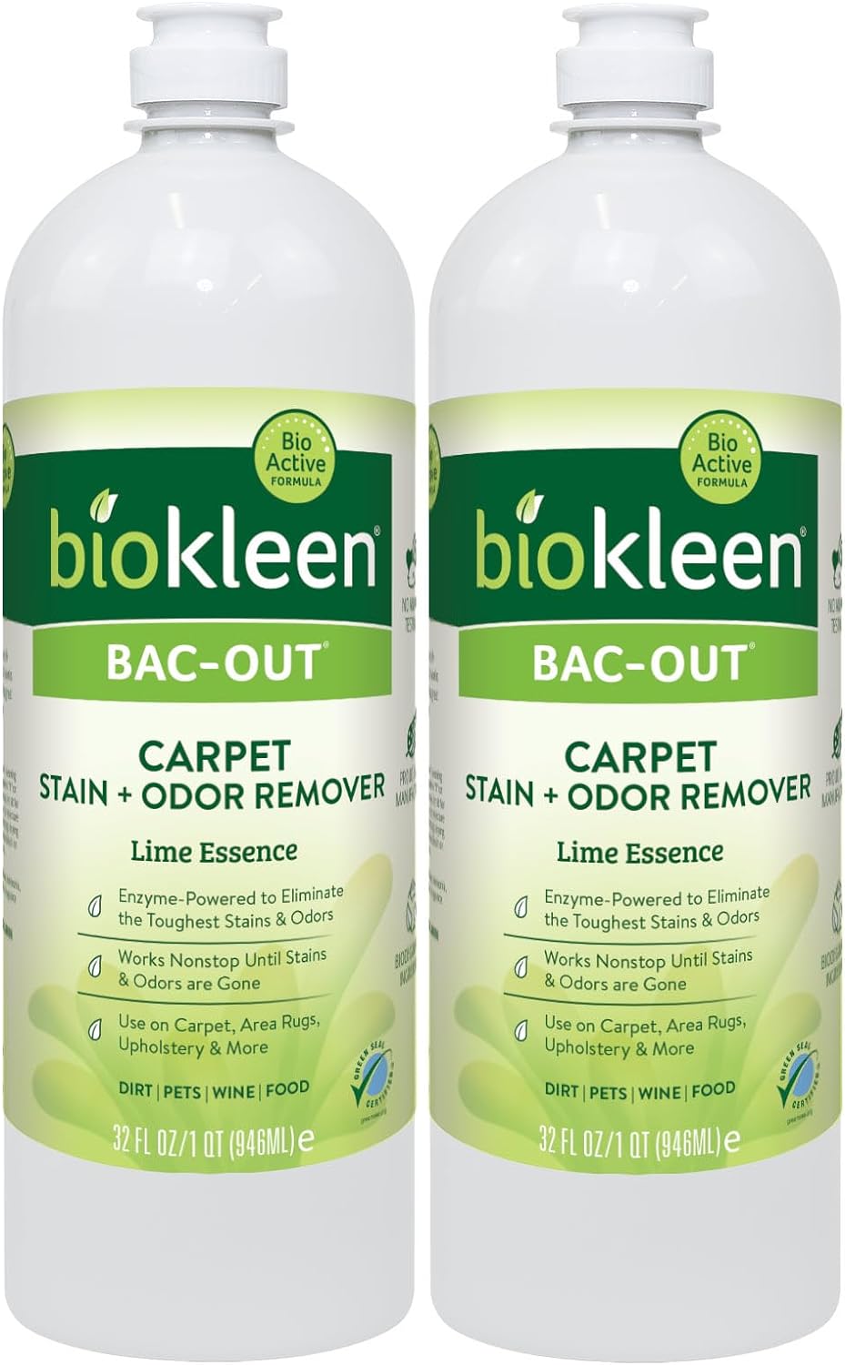 Biokleen Bac-Out Stain Remover for Clothes - 2 Pack - Enzymatic, for Laundry, Diapers, Wine, Carpets, & More, Eco-Friendly, Plant-Based, 32 Ounces