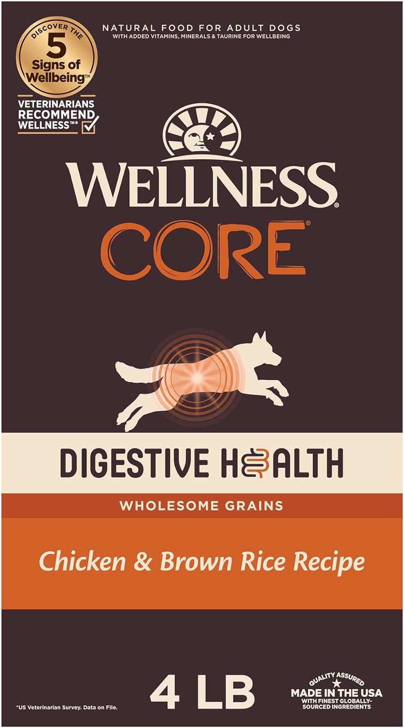 Wellness CORE Digestive Health Dry Dog Food with Wholesome Grains, Highly Digestible, for Dogs with Sensitive Stomachs, Made in USA with Real Chicken (Adult, 4-Pound Bag)