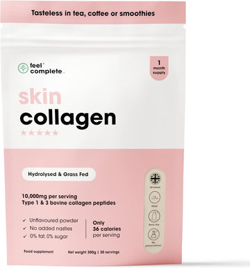 Feel Complete | Tasteless Collagen For Women | Grass Fed & Hydrolysed | Low Calorie | Premium Type 1 & 3 Bovine Collagen Peptides | Halal | Anti Ageing | Hair, Skin & Muscles | 300G | 30 Servings
