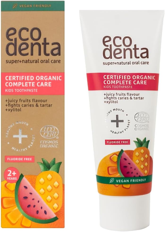 Ecodenta Kids Toothpaste Fluoride Free - Certified Organic Juicy Fruit Natural Childrens Tooth Paste Bubblegum Taste 75Ml