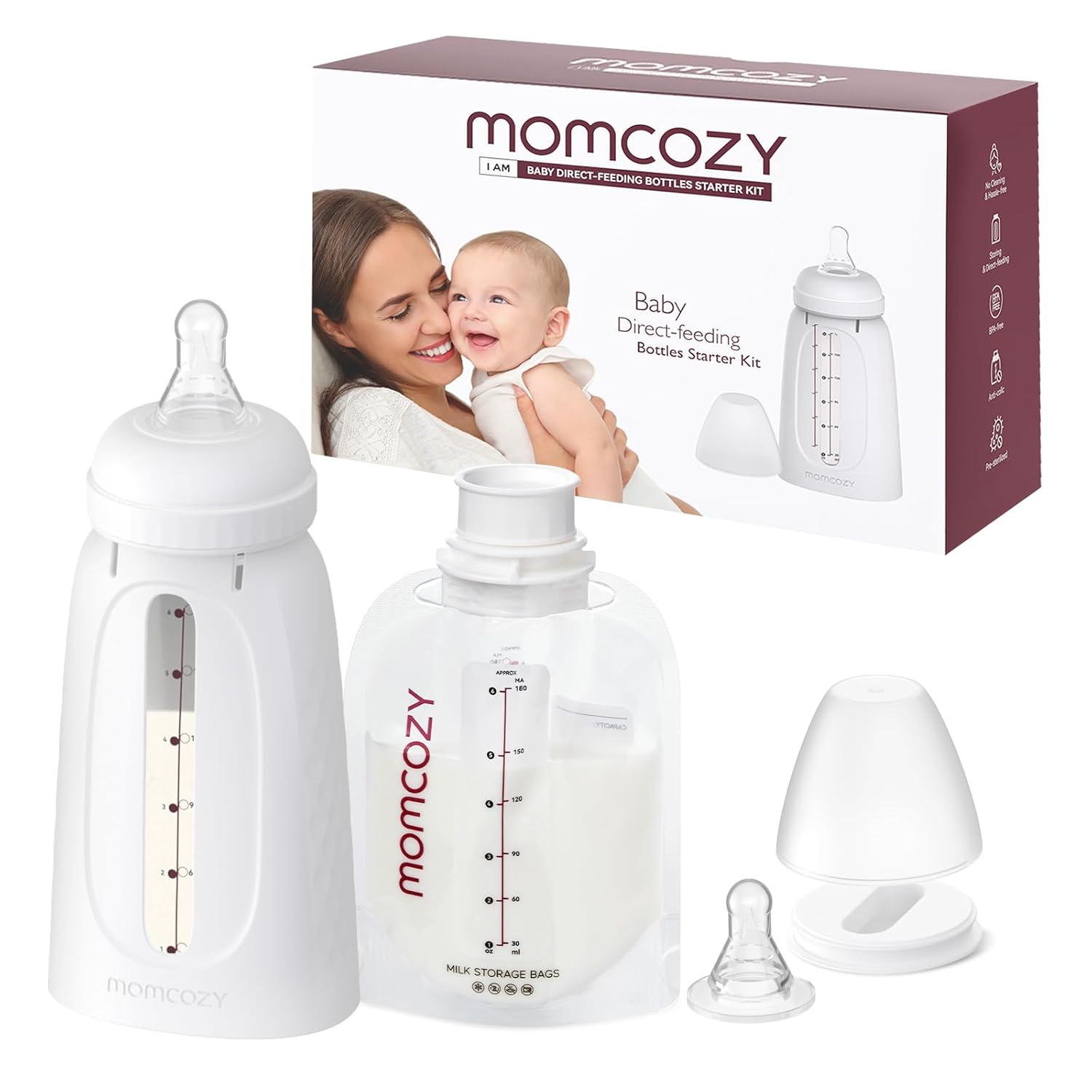 Momcozy Portable Disposable Baby Bottle Kit For Breastfeeding, Wash-Free, Leakproof And Transfer-Free Breastmilk Storage Bags For Freezing, Heating And Direct Feeding, Breastfeeding Essential, 6 Ounce