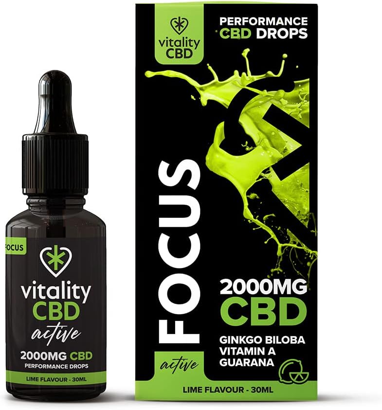 Vitality Cbd Active Focus Drops With Ginkgo Biloba, Vitamin A, Guarana, 2000Mg Of Cbd, 30Ml, Lime Flavour, No Thc