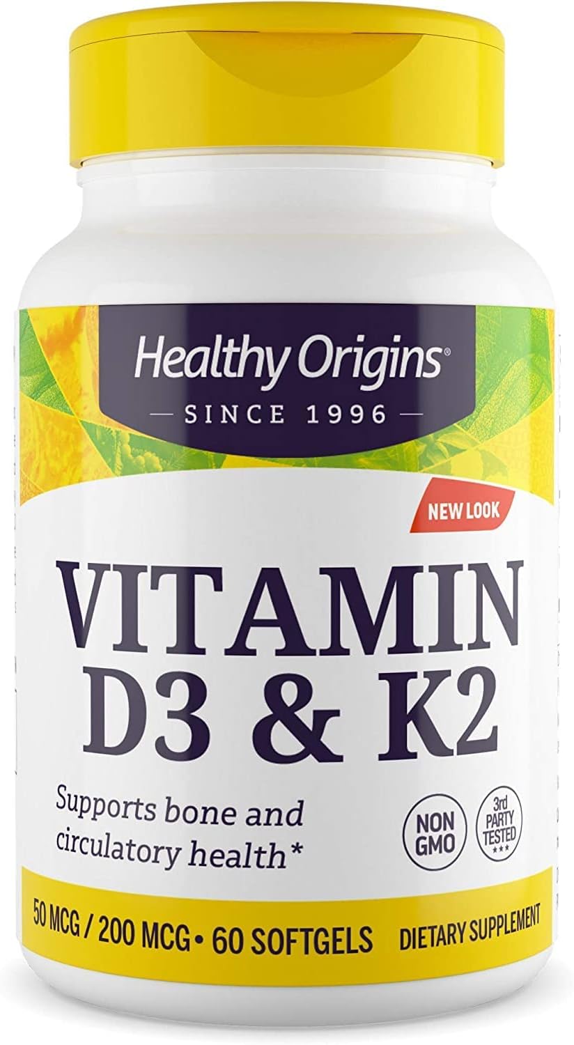 Healthy Origins Vitamin D3 & K2 - Vitamin D3, 50 Mcg - Vitamin K2, 200 Mcg - Easily Absorbable Vitamin D & Vitamin K Supplements - Non-Gmo & Gluten-Free Supplements - 60 Softgels