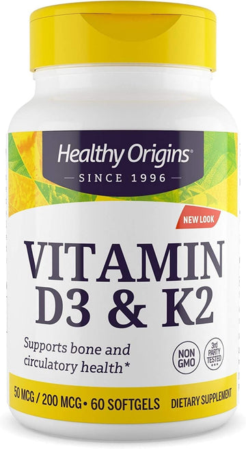 Healthy Origins Vitamin D3 & K2 - Vitamin D3, 50 Mcg - Vitamin K2, 200 Mcg - Easily Absorbable Vitamin D & Vitamin K Supplements - Non-Gmo & Gluten-Free Supplements - 60 Softgels