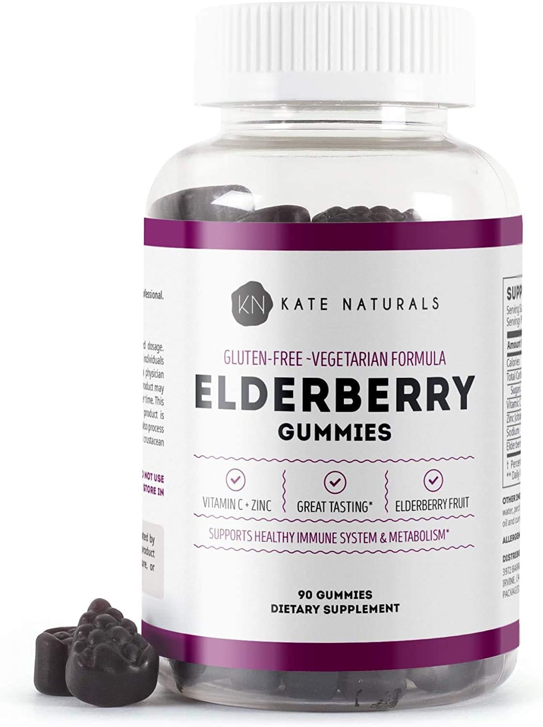 Kate Naturals Elderberry Gummies with Zinc and Vitamin C for Adults & Kids (90 Gummies, 45 Days Supply) Tasty Immune Support Gummies with Immunity Vitamins