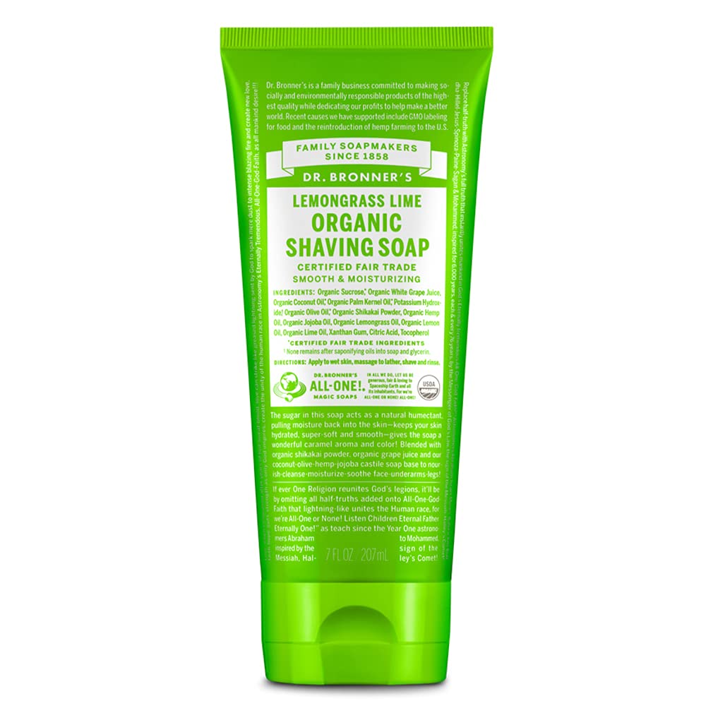 Dr. Bronner'S - Organic Shaving Soap (Lemongrass, 7 Ounce) - Certified Organic, Sugar And Shikakai Powder, Soothes And Moisturizes For Close Comfortable Shave, Use On Face, Underarms And Legs