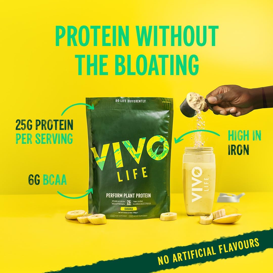 Vivo Life Perform Plant Protein Powder - Vegan Banana & Cinnamon, 26 Servings - 988G (34.85Oz) - Pea & Hemp Protein Blend With Bcaa
