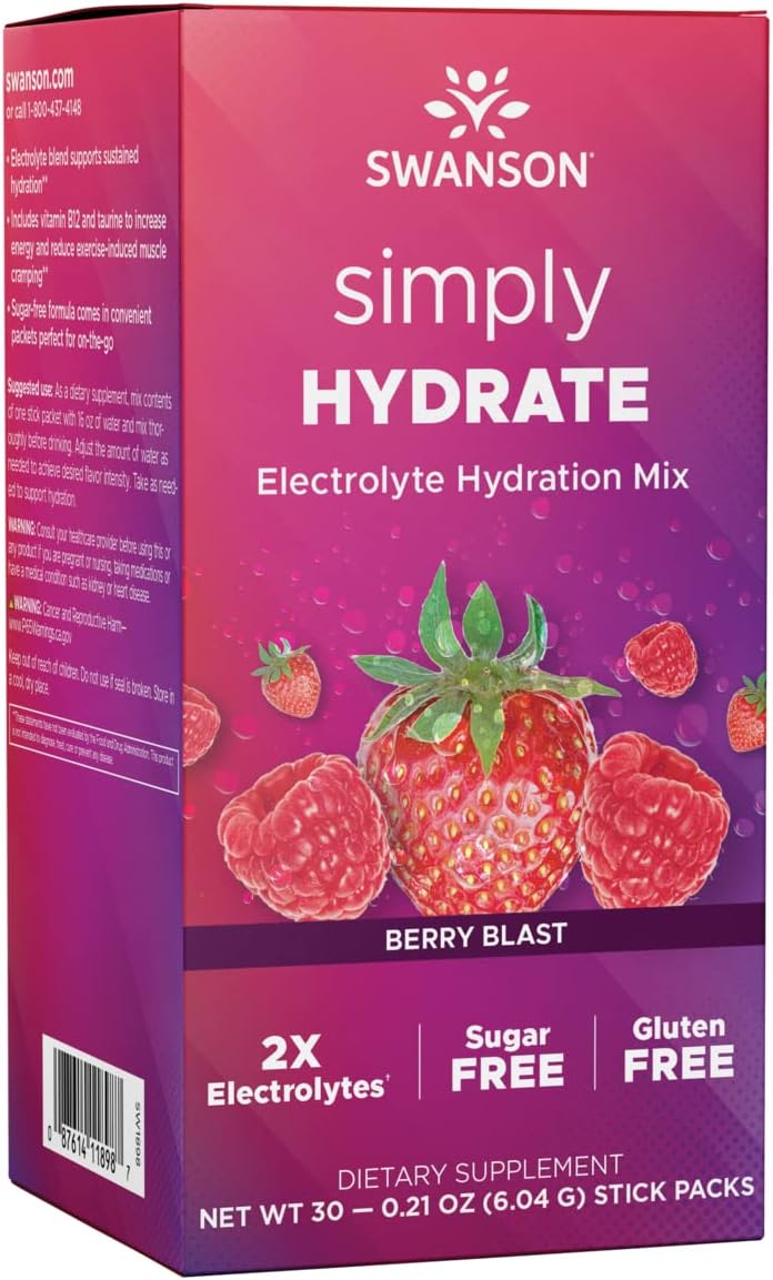 Swanson Simply Hydrate Electrolyte Mix - Sugar-Free Berry Blast avor - 30 Packets | Advanced Electrolyte Blend | Convenient On-the-Go Solution