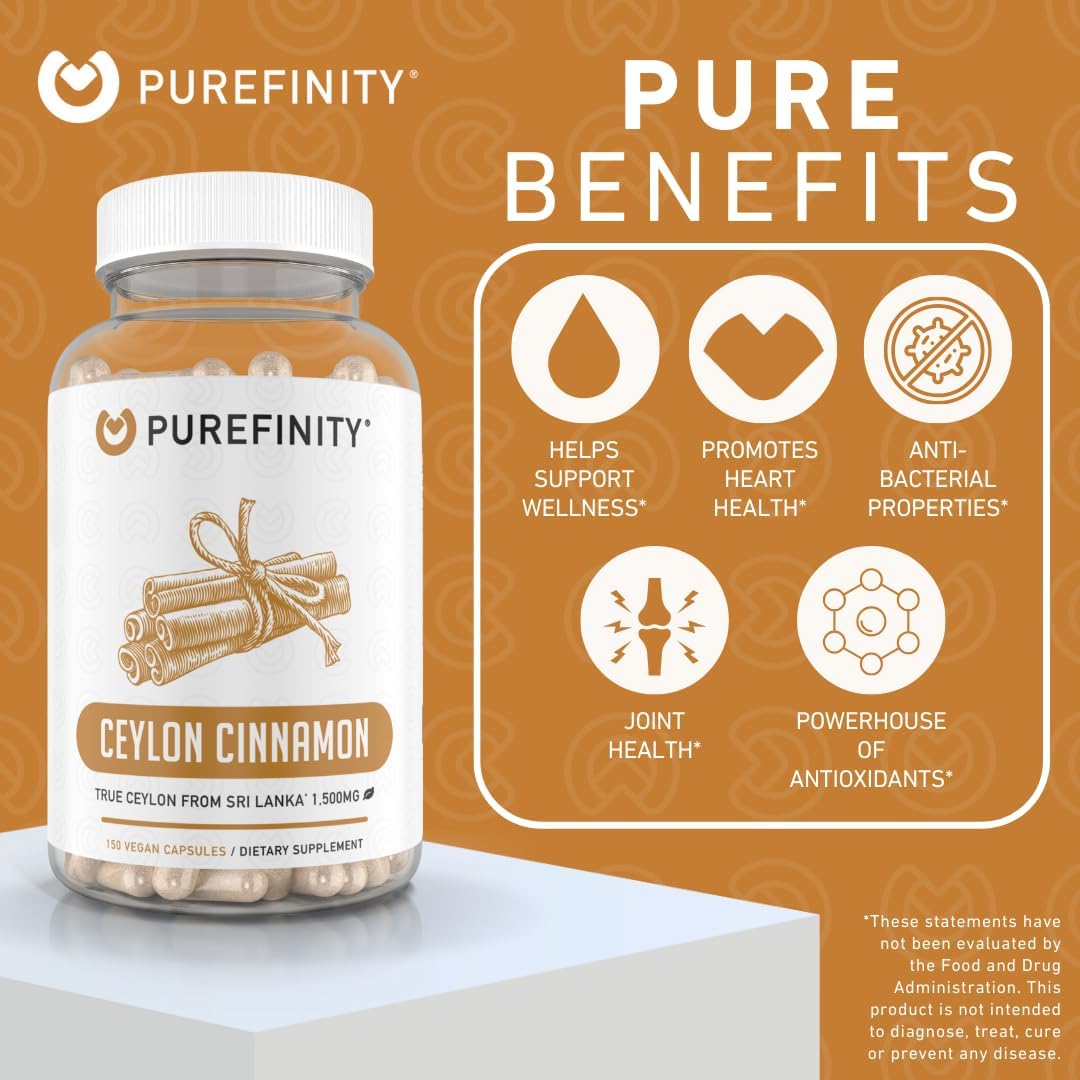 PUREFINITY Ceylon Cinnamon Capsules - 1500mg Pure Cinnamon from Sri Lanka to Promote Joint Health, & Powerful Antioxidants, Vegan, Non-GMO - 150 Capsules (75 Day Supply) : Health & Household