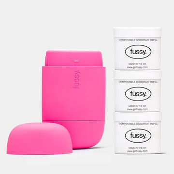 Fussy - Natural Refillable Deodorant - Aluminium Free - 24 Hour Protection - Coconut Scent (3 X 40G) & Hot Pink Case - Coconut, Almond & Vanilla- Vegan & Cruelty Free - 100% Natural & Effective