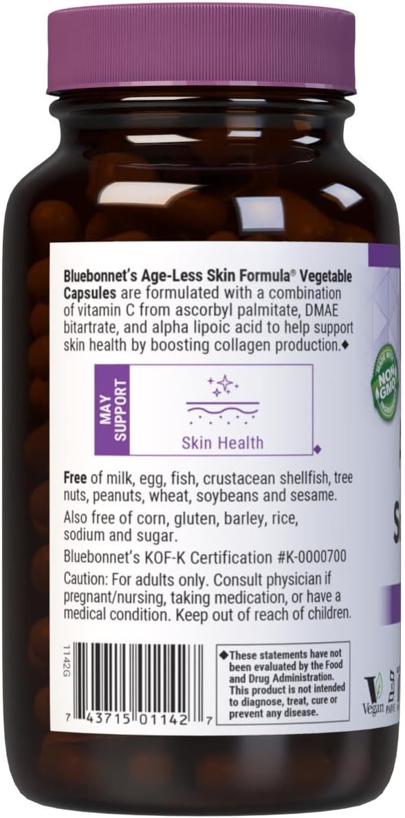 Bluebonnet Age-Less Skin Formula Capsules, White, Vegetable, 120 Count