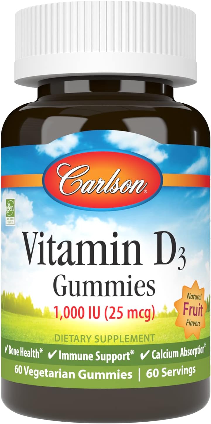 Carlson - Vitamin D3 Gummies, 1000 IU (25 mcg), Bone Health, Immune Support & Calcium Absorption, Natural Fruit avors, 60 Vegetarian Gummies