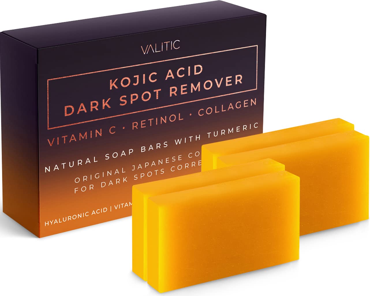 Valitic Kojic Acid Dark Spot Remover Soap Bars With Vitamin C, Retinol, Collagen, Turmeric - Original Japanese Complex Infused Hyaluronic Acid, E, Shea Butter, Castile Olive Oil (4 Pack)