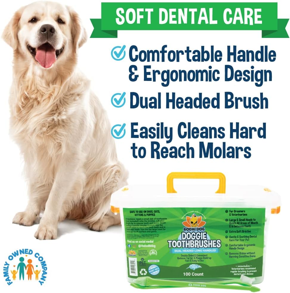 Bodhi Dog Dual-Headed Long Dog & Cat Toothbrush | Puppy Toothbrush with Soft Bristles for Pet Dental Care | Easy Teeth Cleaning Dog Toothbrush, 100 Count : Pet Supplies