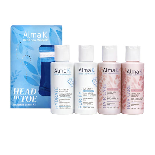 Alma K Head To Toe Essentials Travel Kit - Moisturizing Body Lotion, Silky Smooth Shower Cream, Shine And Glow Shampoo & Conditioner (4 Pc)