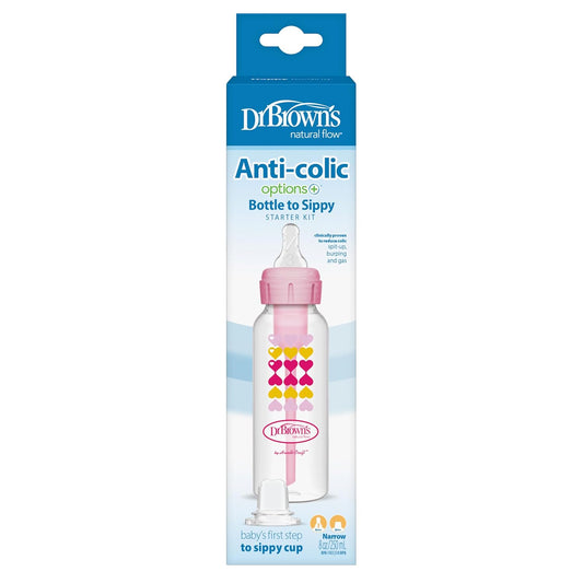 Dr. Brown'S Natural Flow Anti-Colic Options+ Narrow Sippy Bottle Starter Kit,8Oz/250Ml,With Level 3 Medium-Fast Flow Nipple And 100% Silicone Soft Sippy Spout,Pink,6M+