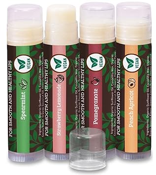 Vegan Lip Balm by Earth’s Daughter, Beeswax Free Lip Balm, Natural, Organic Flavors - 4 Pack of Assorted Flavors, Plant Based Vegan Chapstick, Lip Moisturizer