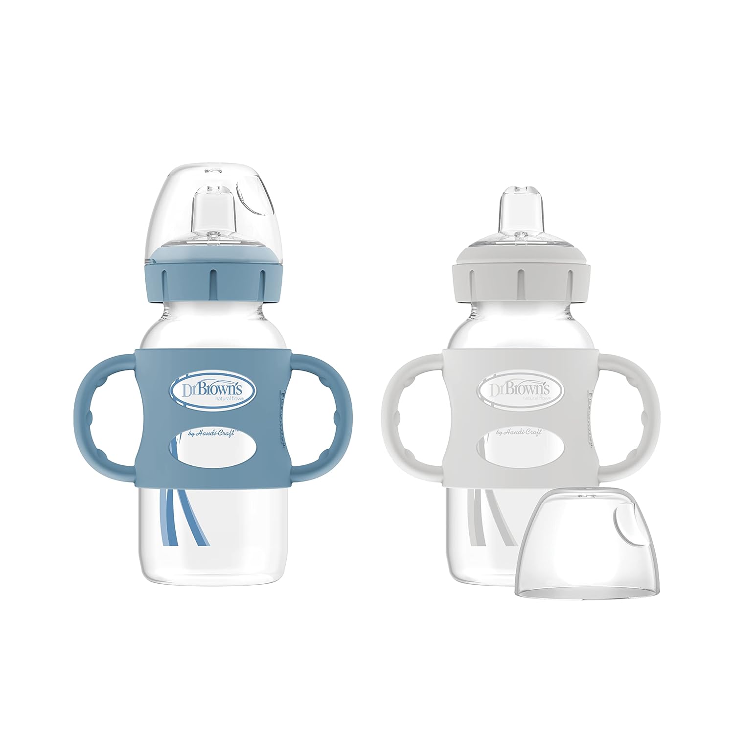 Dr. Brown'S Milestones Wide-Neck Sippy Spout Bottle With 100% Silicone Handles, Easy-Grip Handles With Soft Sippy Spout, 9Oz/270Ml, Light-Blue & Gray, 2-Pack, 6M+