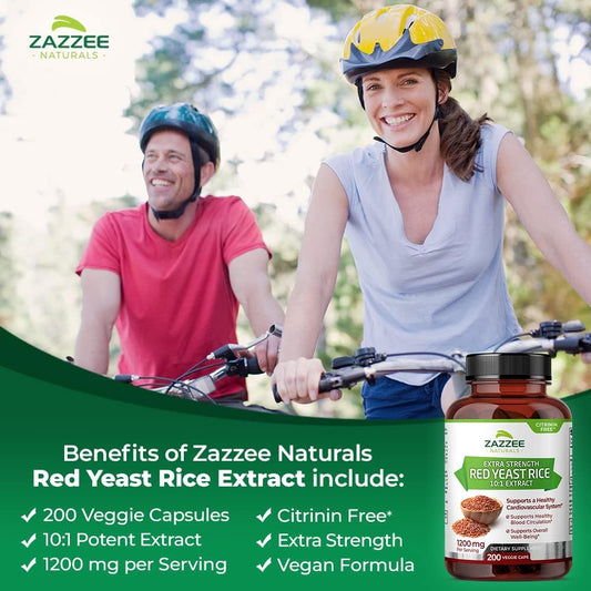 Zazzee Extra Strength Red Yeast Rice 10:1 Extract, 1200 Mg, Citrinin Free, 200 Vegan Capsules, Over 3 Month Supply, Concentrated And Standardized 10X Extract, 100% Vegetarian, All-Natural And Non-Gmo